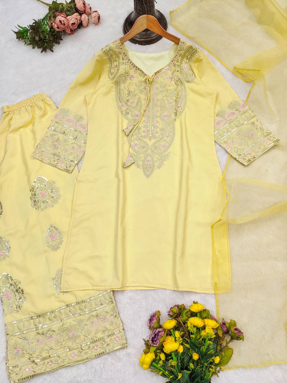 Premium Designer Collection Natural Crep Silk Top-Duppta And Plazzo - Image 6