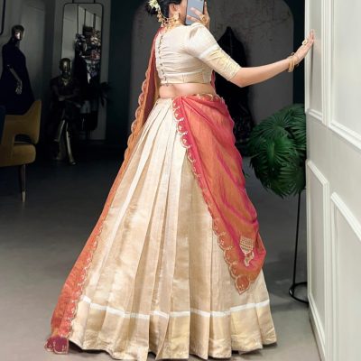 Elegant Golden Zari Weaving Work Lehenga with Zari Shimmer Dupatta